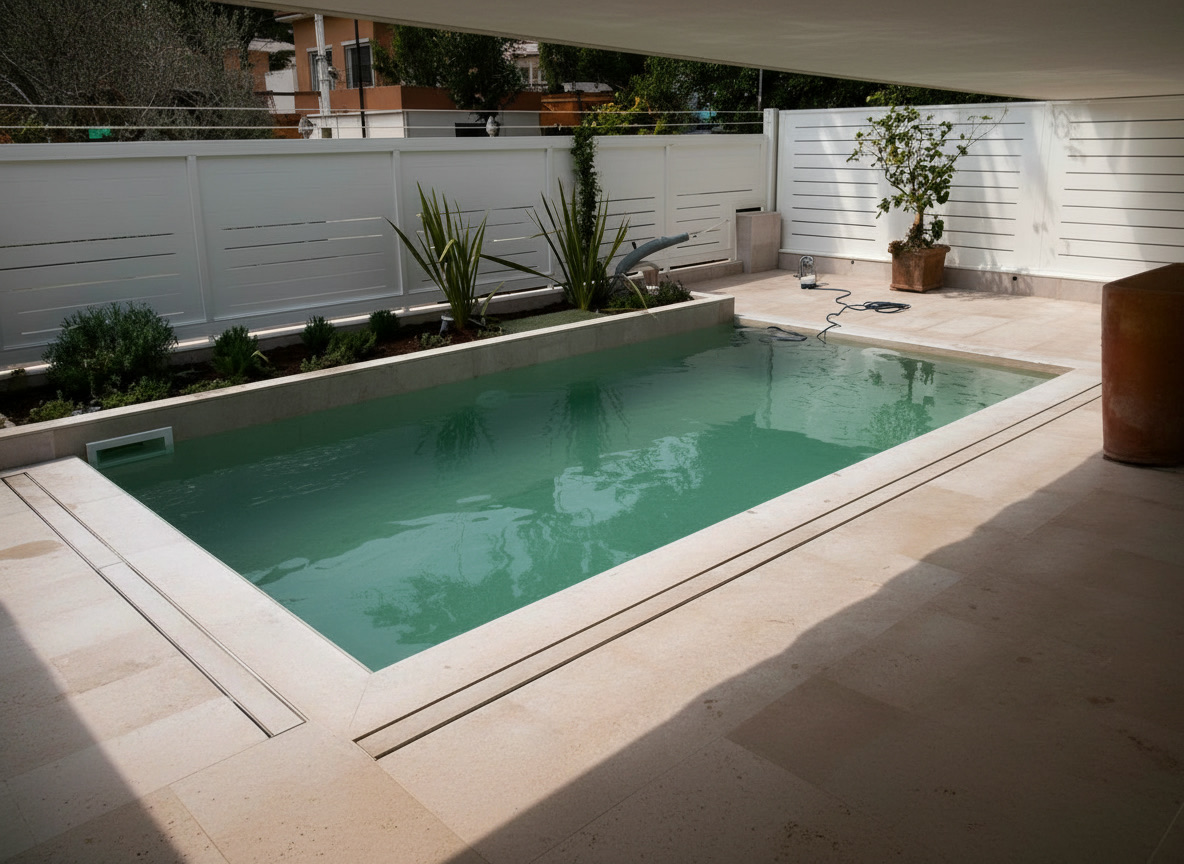 Piscina con sistema di sicurezza per bambini e parapetto in vetro a scomparsa, bordo in pietra chiara, Michelessi