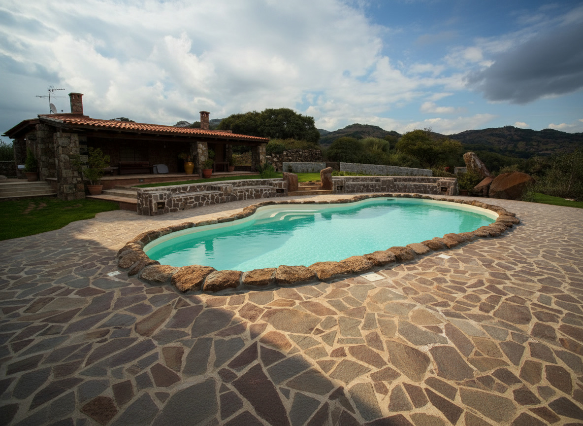 Piscina in stile naturale con bordo in pietra e pavimentazione in porfido, casale rustico, realizzazione Michelessi