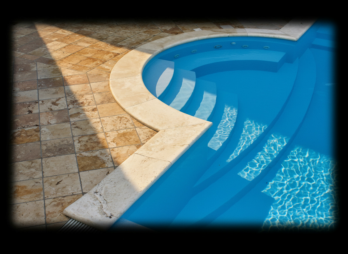 Piscina stile romano in vetroresina con bordo sagomato in marmo travertino, dettaglio della scala curva, Michelessi
