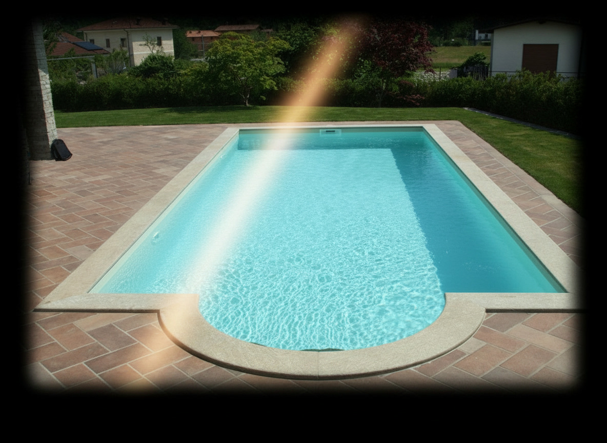 Piscina in stile romano con bordo in travertino e gradone semicircolare, acqua raccolta a skimmer, Michelessi