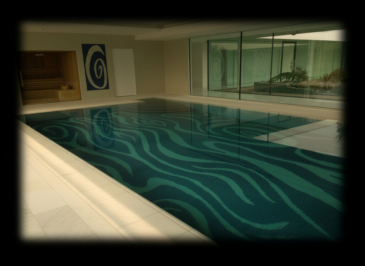 Piscina interna con fondale decorato in marmo bicolore tagliato e integrato con resina, disegno a onde, Michelessi