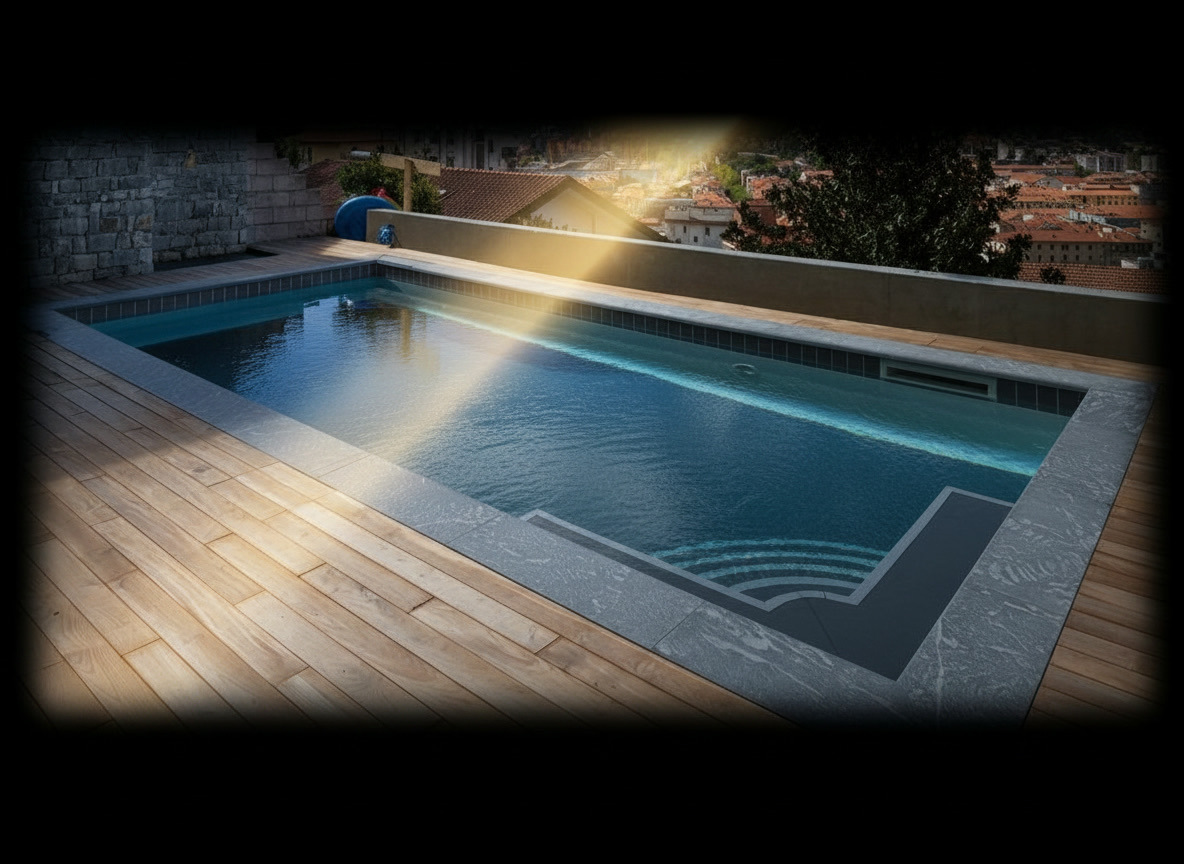 Piscina con bordo in marmo grigio e pavimentazione in legno, acqua raccolta a skimmer, tetti sullo sfondo, Michelessi