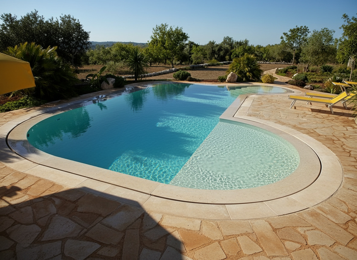 Piscina dalle linee morbide con solarium immerso e bordo a sfioro in travertino, realizzazione Michelessi