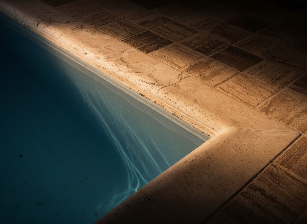 Bordo piscina sagomato con zona rialzata in marmo dalla finitura bocciardata, pavimentazione in pietra, Michelessi