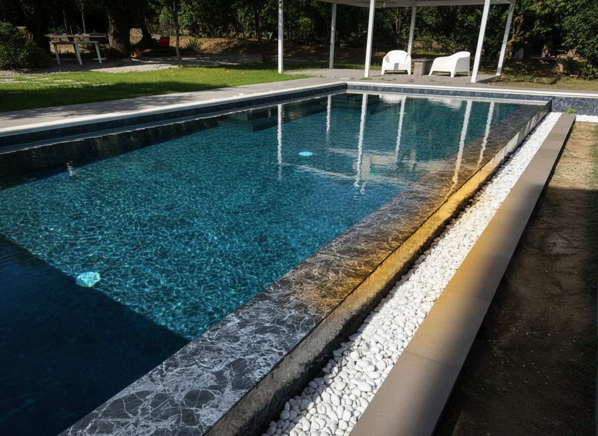 Piscina interrata a sfioro con bordo in marmo grigio Carnico, mini cascata e canale di ciottoli bianchi, Michelessi