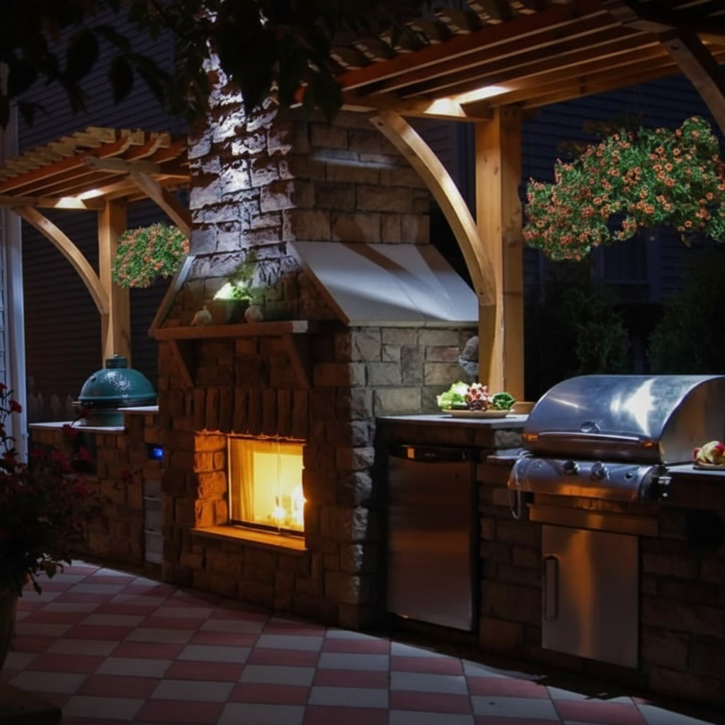 Cucina da esterno in pietra con camino acceso, pergolato in legno e barbecue in acciaio, progetti outdoor Michelessi