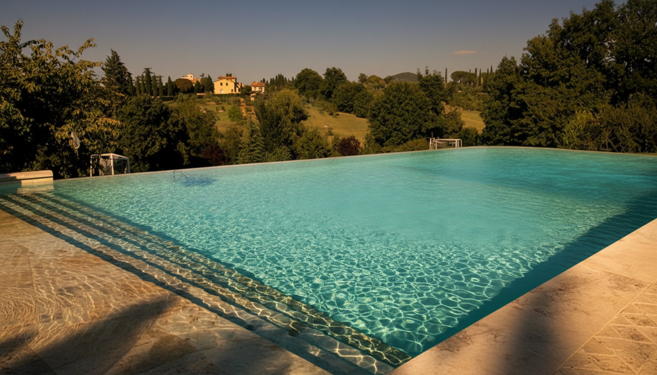 Piscina a sfioro con bordo in pietra naturale e colline alberate sullo sfondo, progetti esterni Michelessi