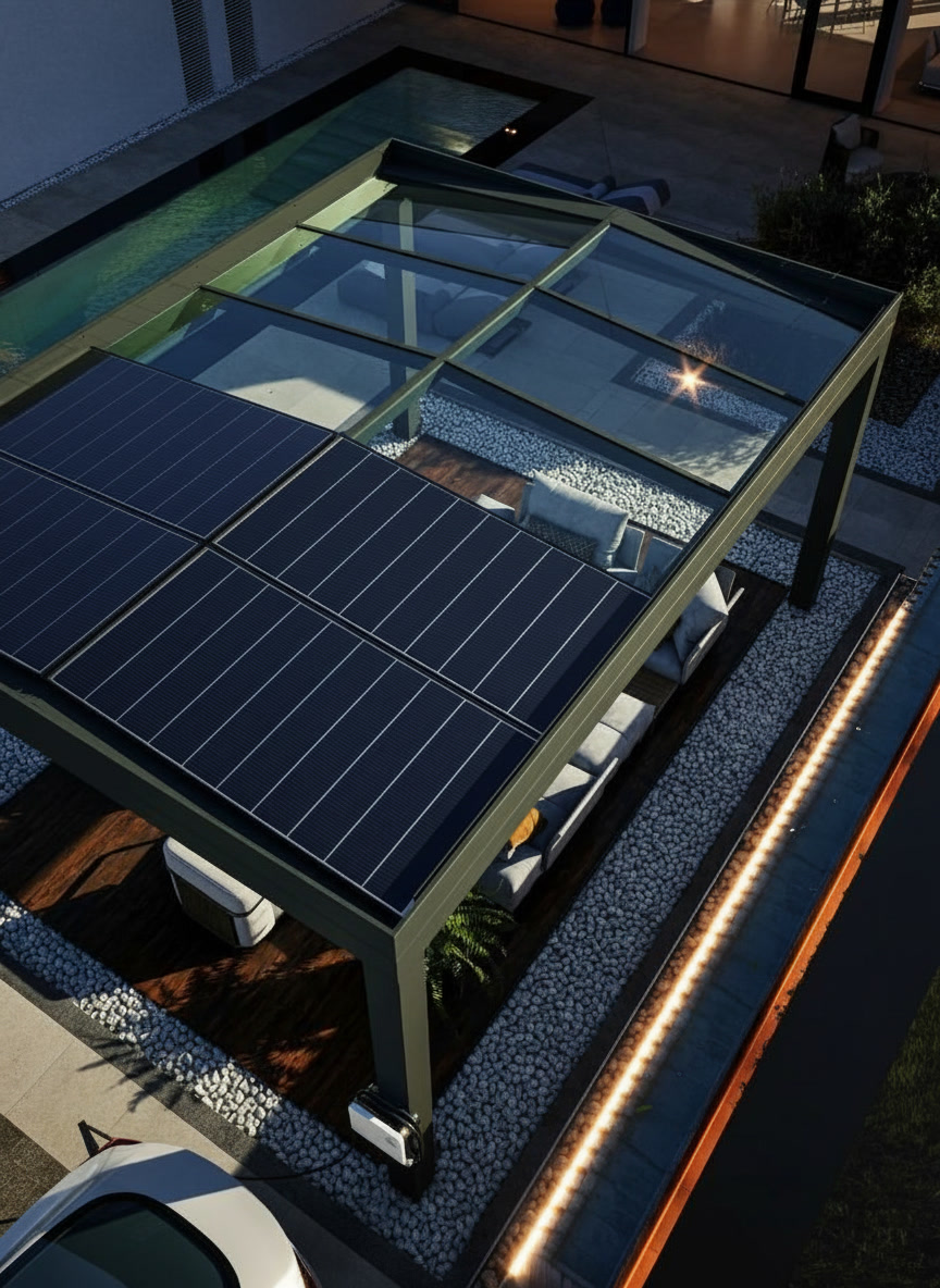 Vista aerea di pergola solare con pannelli fotovoltaici sopra un salotto esterno, Smart Solar Freeze Michelessi
