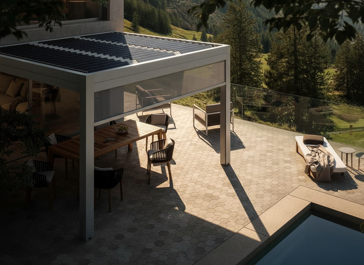 Pergola bianca con pannelli solari integrati sopra tavolo in legno, pavimento in pietra esagonale e piscina, Michelessi