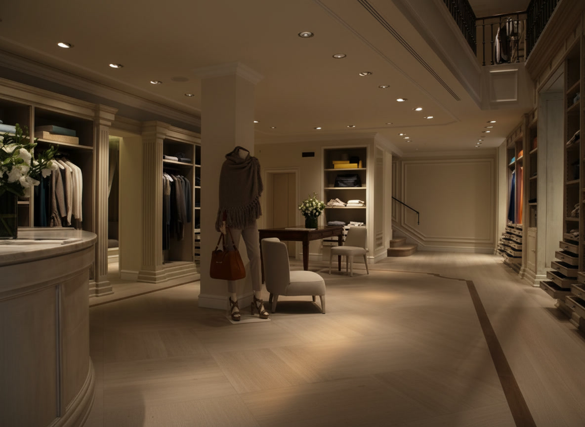 Interno di boutique con pavimento in pietra chiara e fascia in legno, colonne e arredi su misura, progetti Michelessi