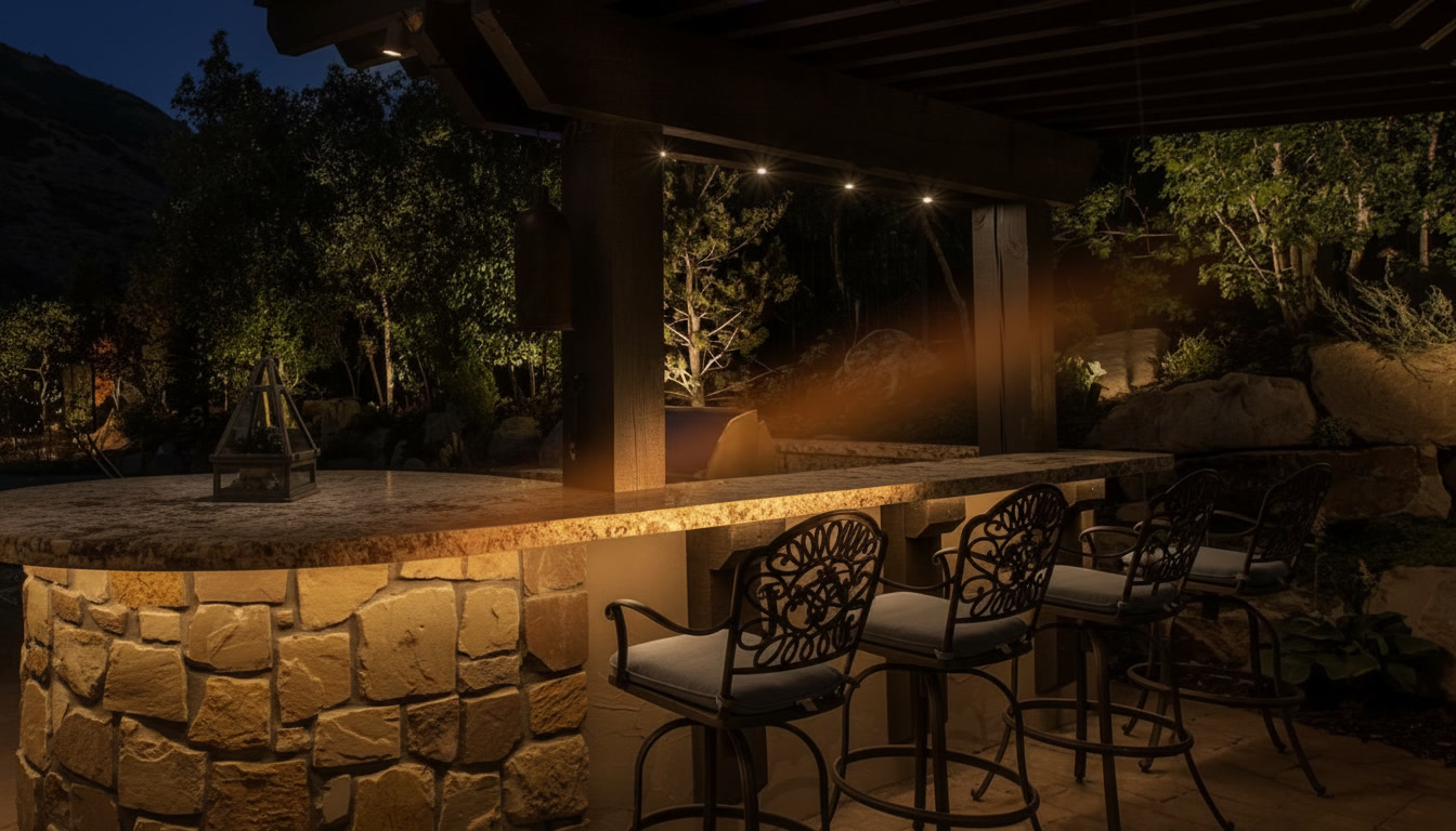 Bancone bar da esterno in pietra naturale con sgabelli in ferro battuto e pergolato illuminato di sera, Michelessi