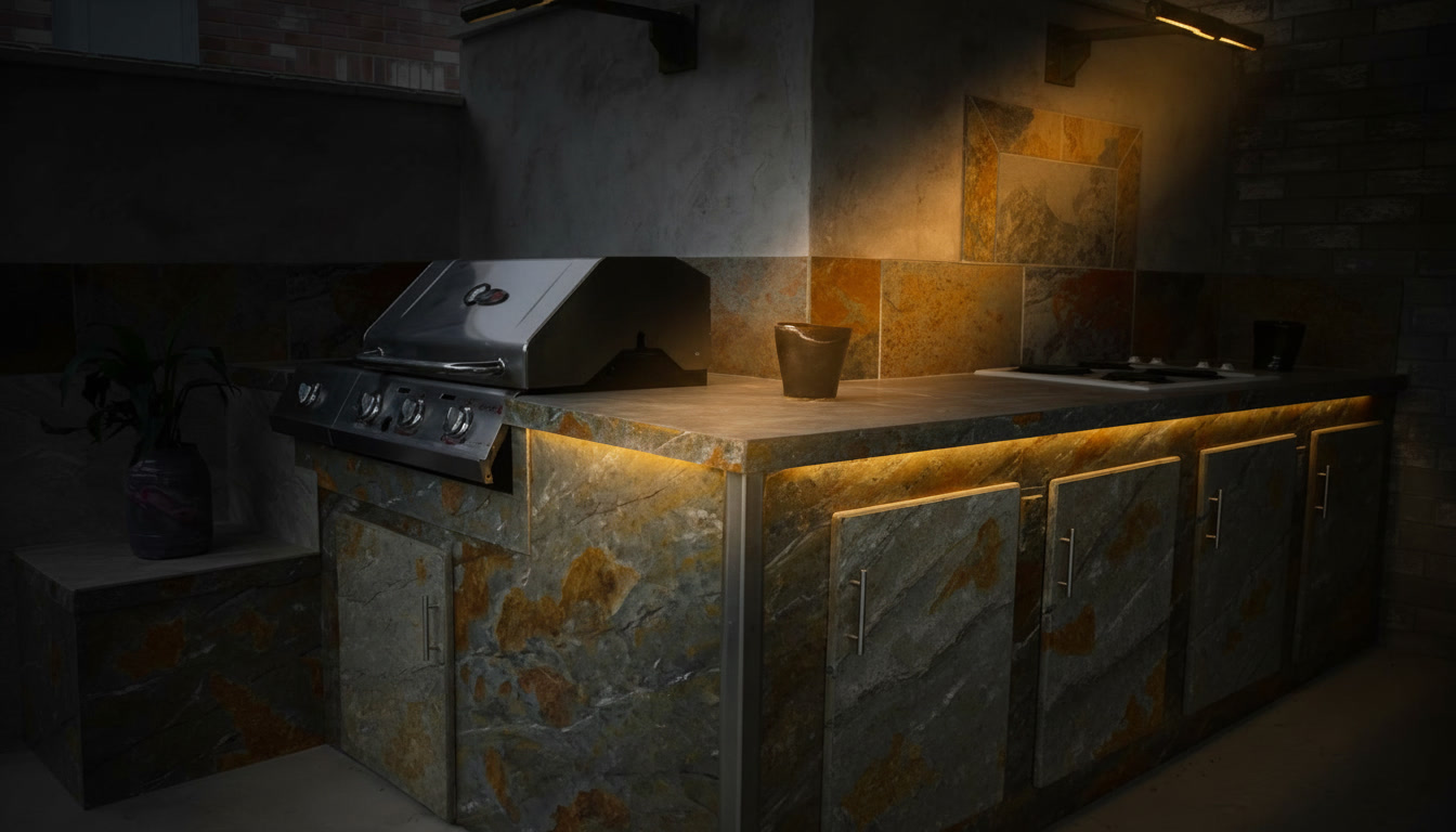 Cucina da esterno rivestita in pietra naturale con venature ramate, barbecue in acciaio e luci led, Michelessi