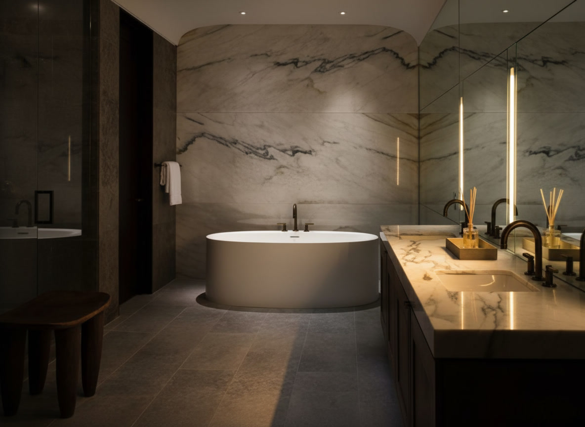 Bagno di lusso con parete in marmo bianco venato, vasca ovale freestanding e top in marmo, progetti Michelessi