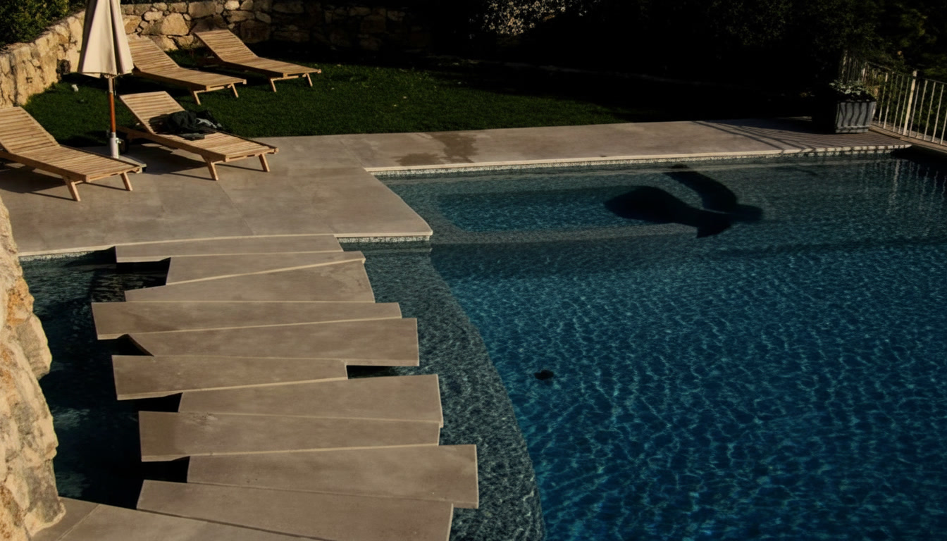 Piscina con scalinata in lastre di pietra chiara sfalsate, bordo in pietra e lettini prendisole in giardino, Michelessi