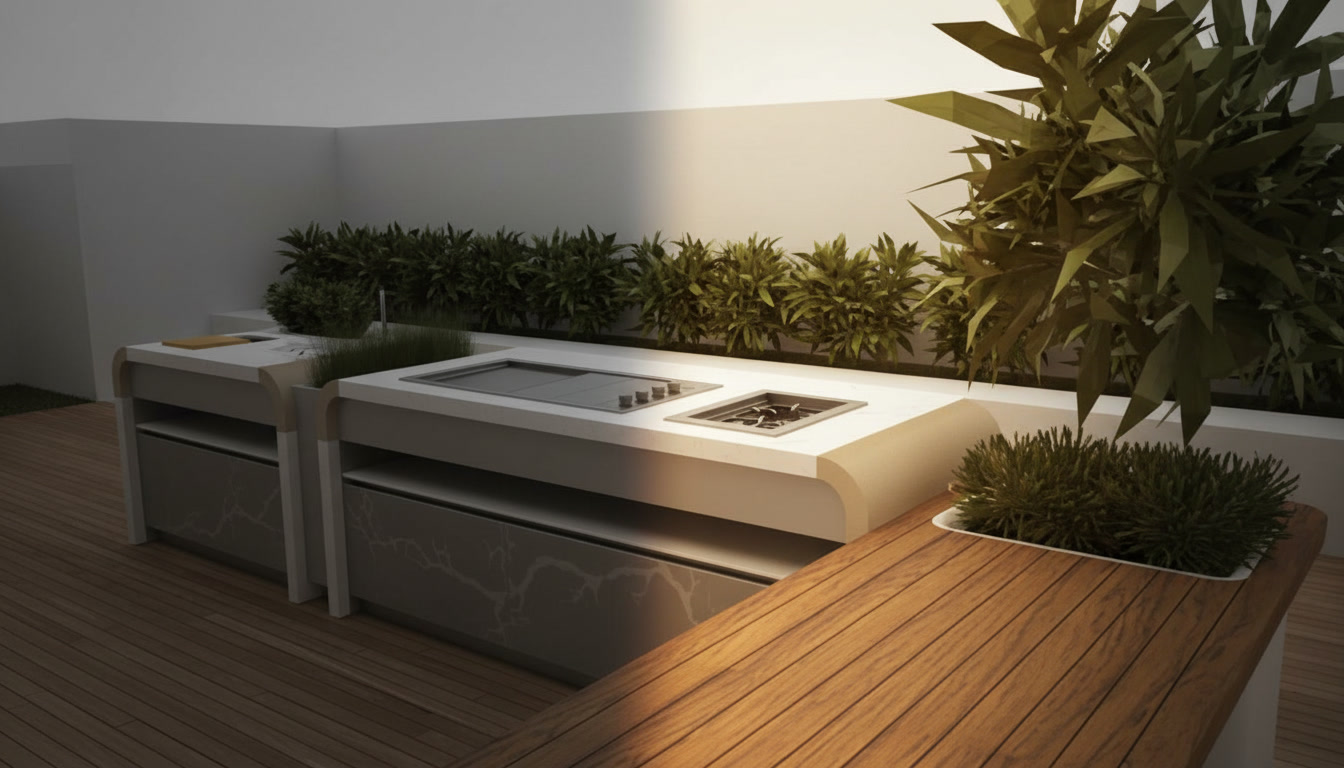 Progetto di cucina da esterno con moduli dal piano bianco, basi effetto pietra venata e pavimento in legno, Michelessi