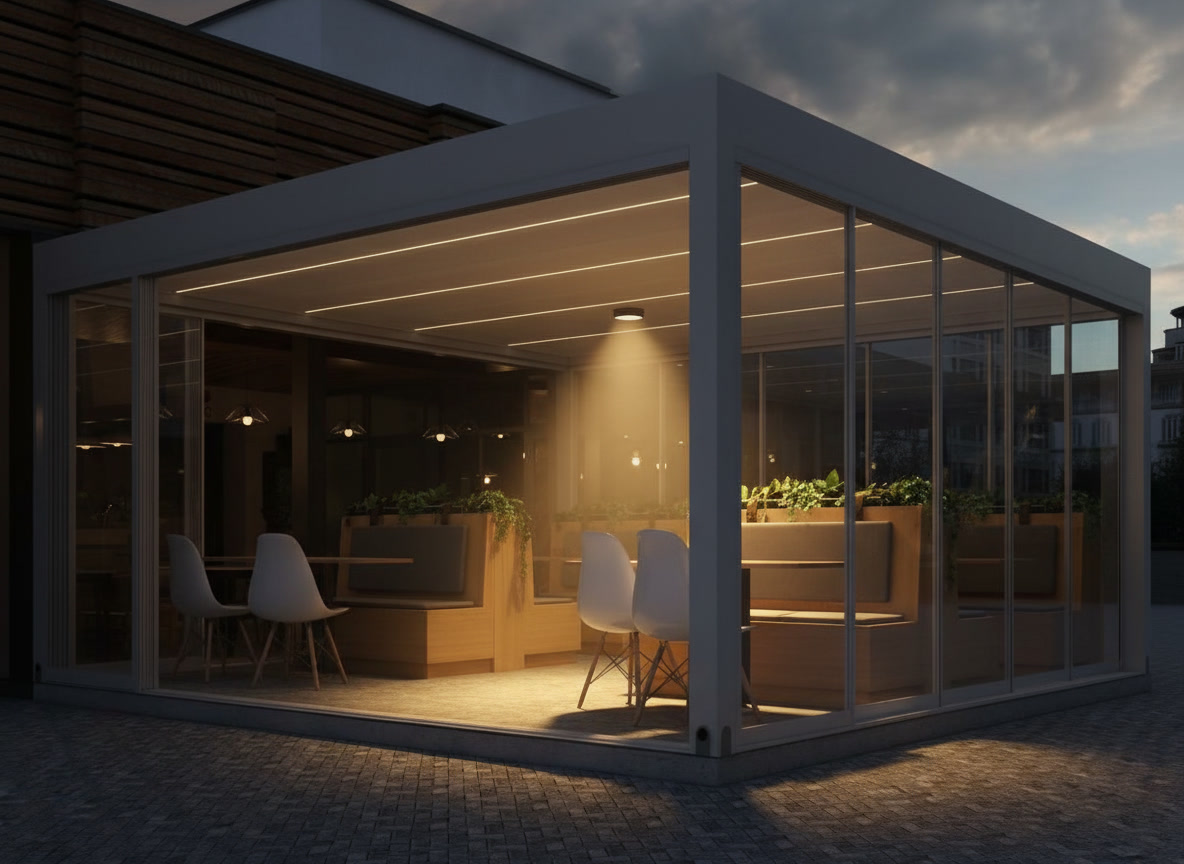 Pergola vetrata con copertura illuminata per spazi ristorazione all'aperto, tavoli e sedute apparecchiati, Michelessi
