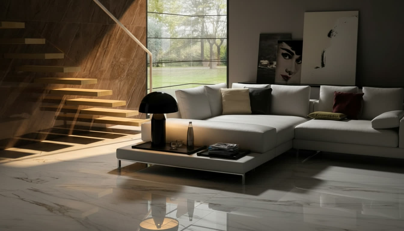 Soggiorno moderno con pavimento in marmo bianco venato oro, parete in marmo bruno e scala in legno a sbalzo, Michelessi