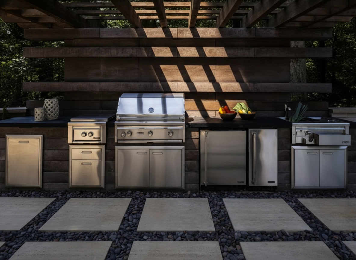 Cucina da esterno con parete in travi di legno, elettrodomestici in acciaio inox e piano scuro sotto pergola, Michelessi