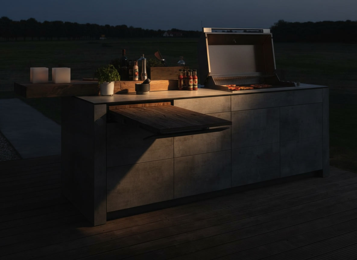 Isola cucina da esterno effetto pietra grigia con tagliere estraibile in legno e barbecue aperto in campagna, Michelessi