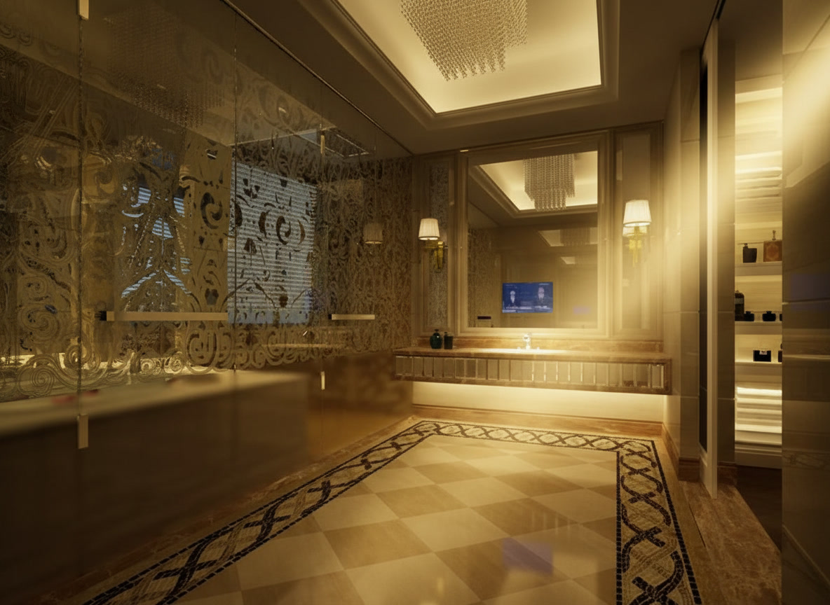 Bagno di lusso con marmi dorati, pavimento a mosaico con greca, specchi e applique, il progetto Dubai di Michelessi