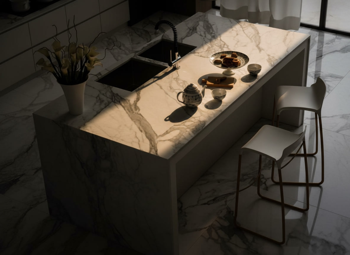 Isola cucina in marmo bianco venato con lavello, sgabelli chiari e pavimento in marmo, interni di lusso Michelessi
