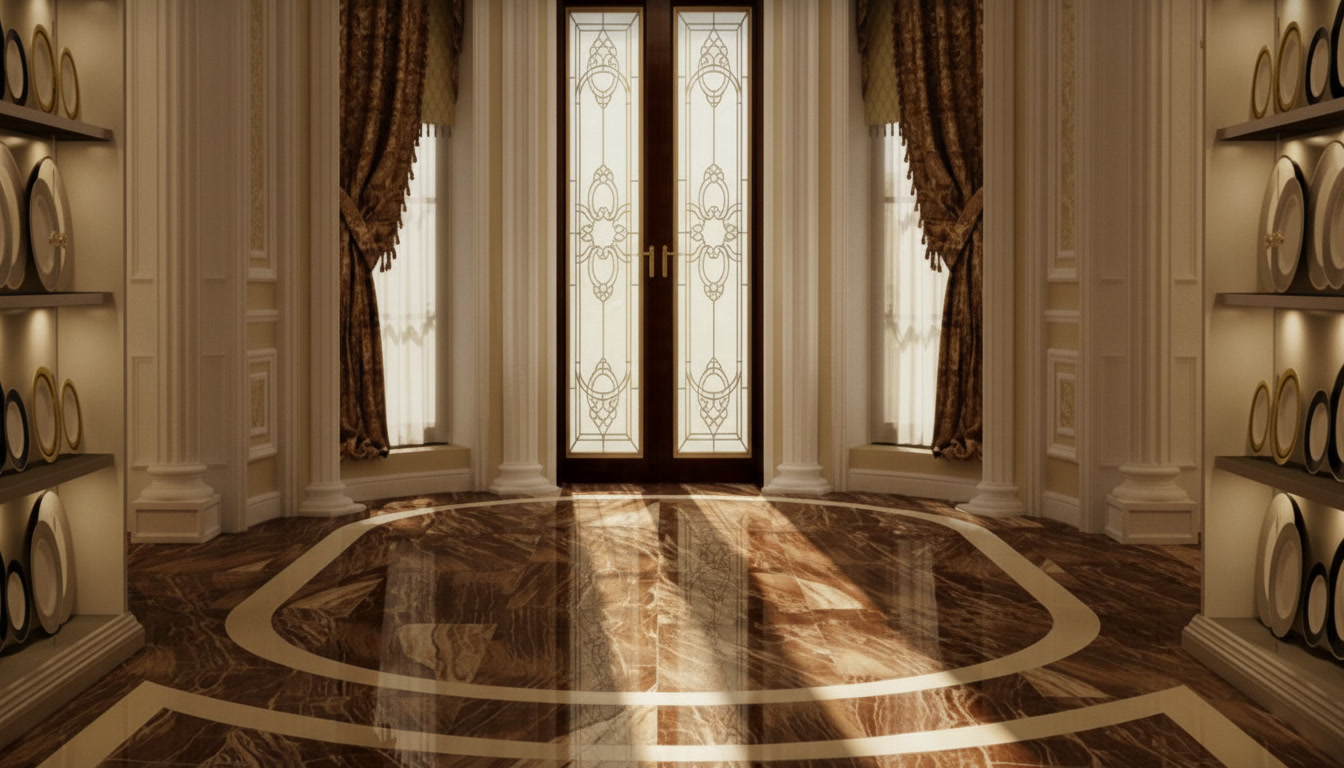 Salone classico con pavimento in marmo bruno venato e fascia crema, colonne bianche e tende dorate, Michelessi