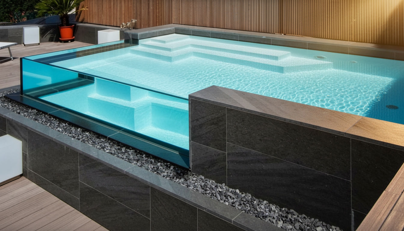 Piscina fuori terra con parete in vetro trasparente e rivestimento in pietra grigia su terrazza in legno, Michelessi