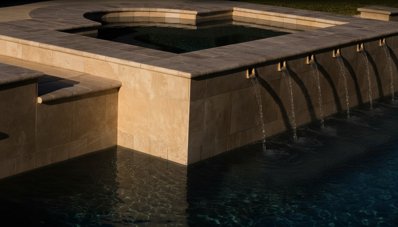 Vasca idromassaggio rivestita in pietra chiara con bocche a cascata che versano acqua in piscina, progetti Michelessi