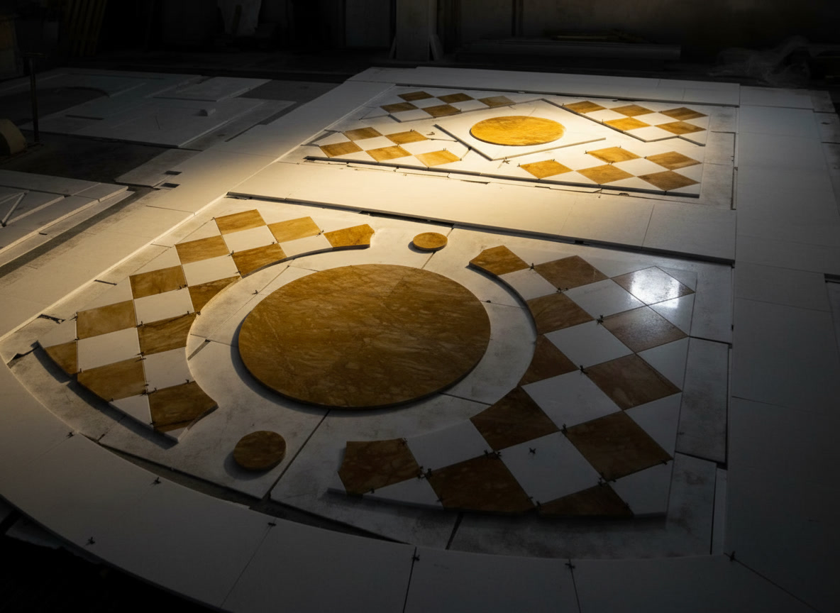 Composizione a secco di pavimento intarsiato in marmo bianco e marmo giallo con cerchi e scacchi, laboratorio Michelessi