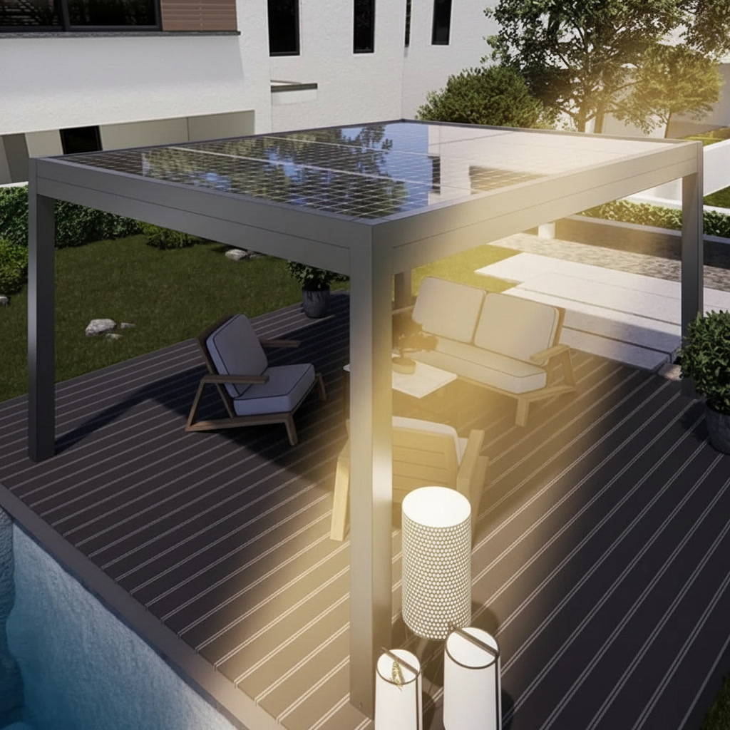 Pergola color bronzo con copertura fotovoltaica vetrata su terrazza in legno accanto alla piscina, Michelessi
