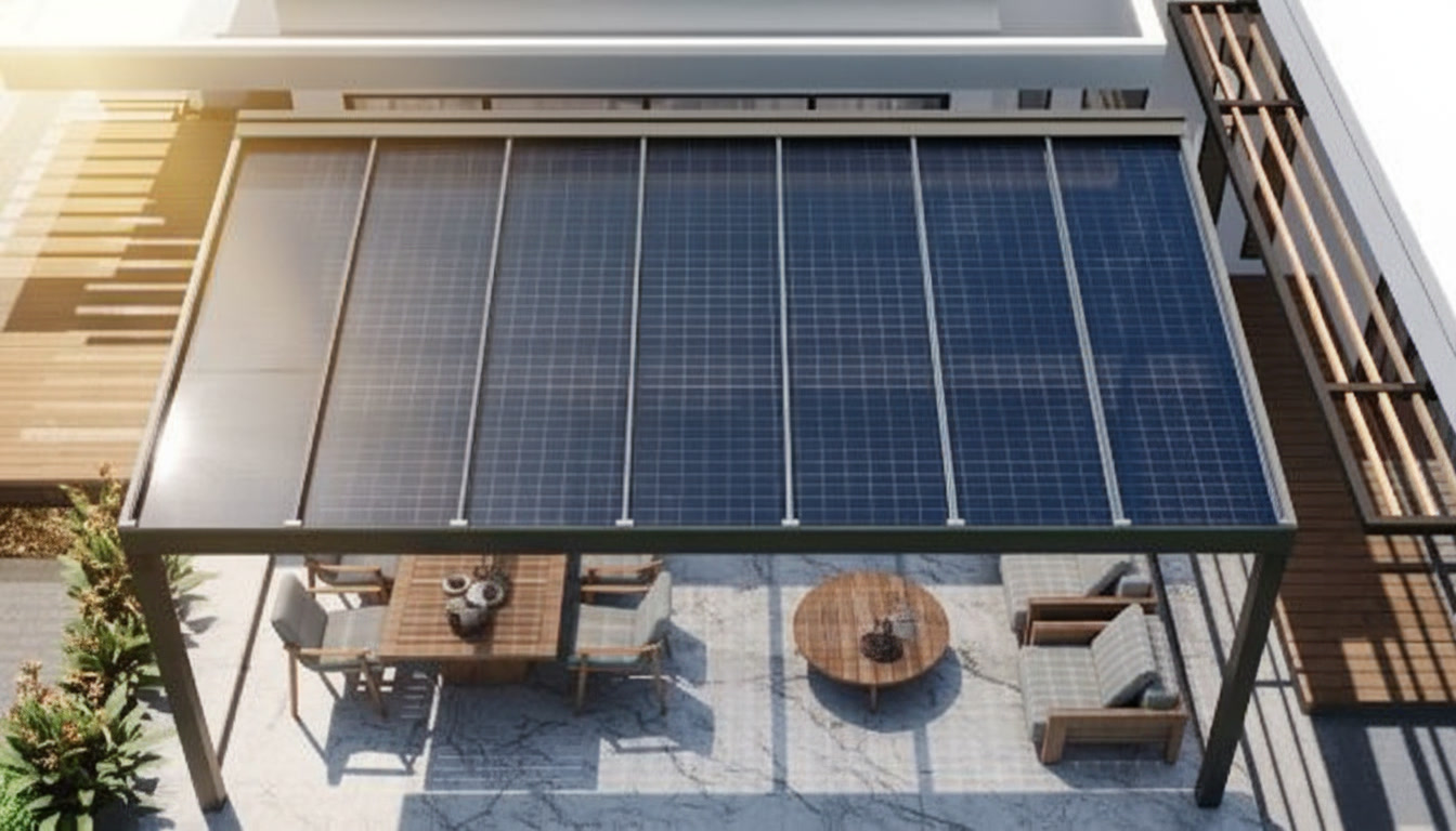 Vista dall'alto di pergola con copertura fotovoltaica scura sopra tavolo da pranzo e salotto esterno, Michelessi