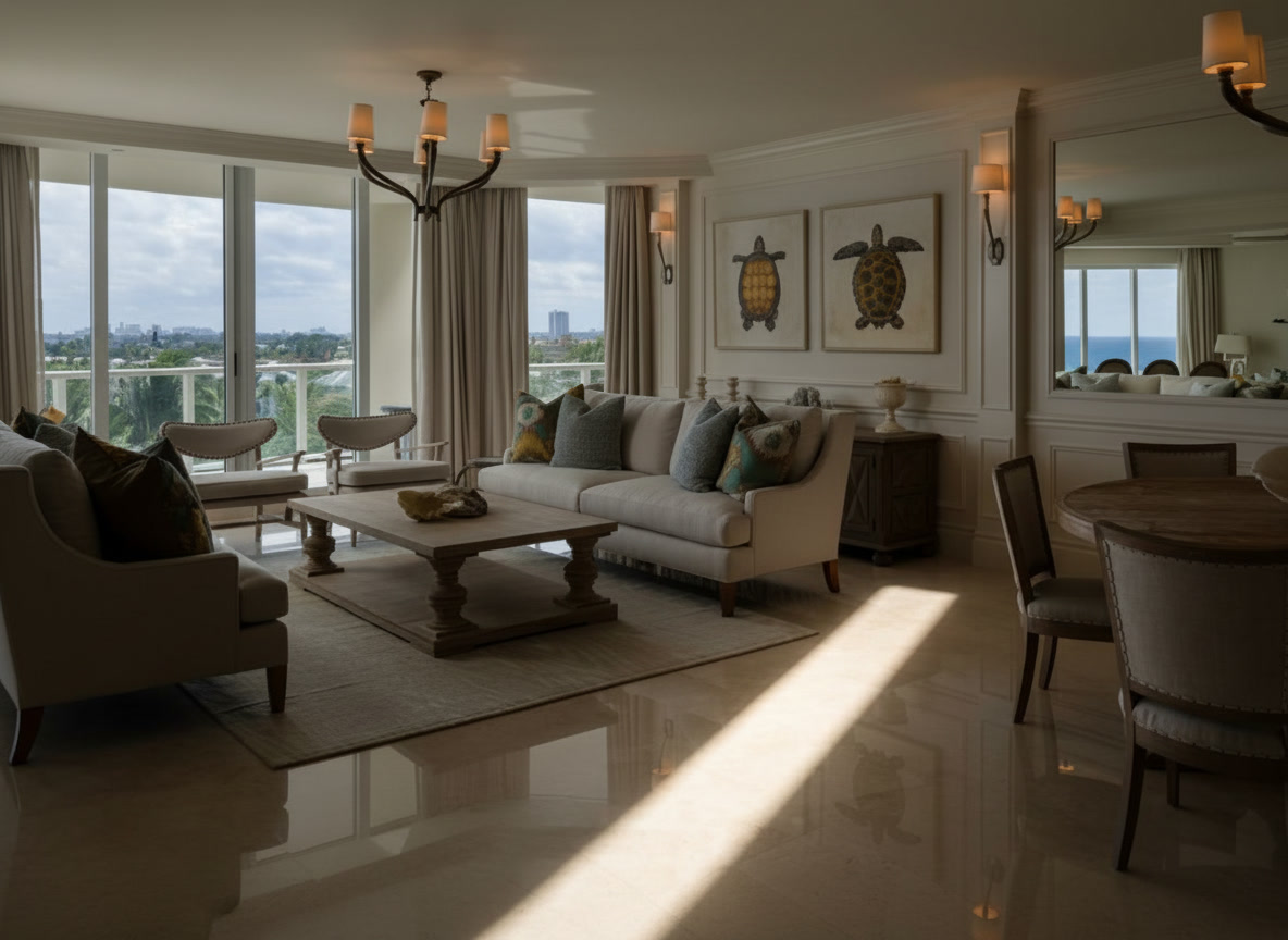 Salotto con pavimento in marmo chiaro a specchio, divano beige, poltrone e sala pranzo con vista mare, Michelessi