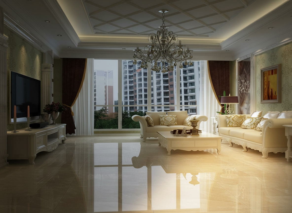 Salone classico con pavimento in pietra lucida color crema, lampadario di cristallo e tende bordeaux, Michelessi