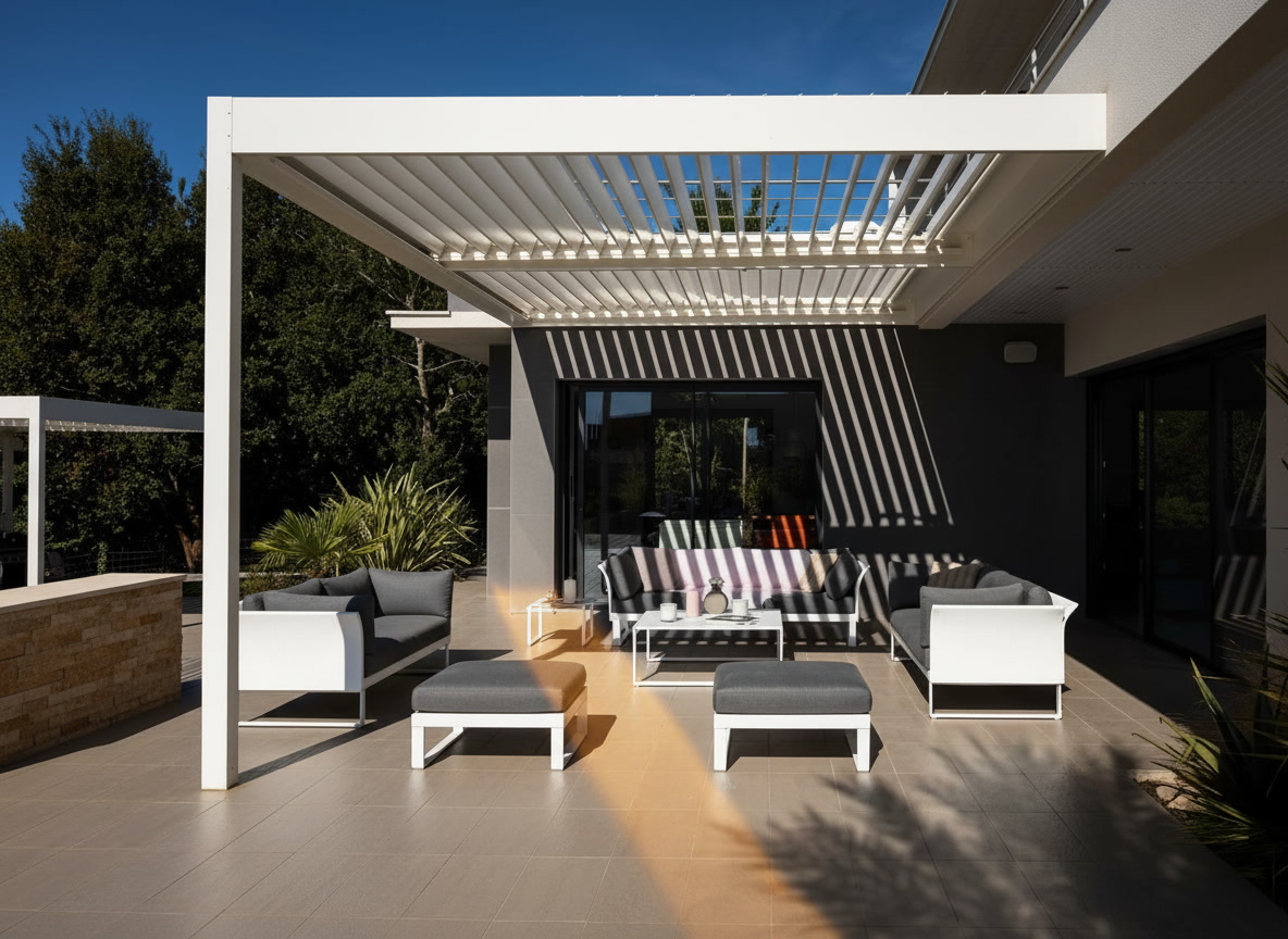 Pergola bioclimatica bianca su villa moderna con salotto esterno e pavimento in pietra chiara, Michelessi