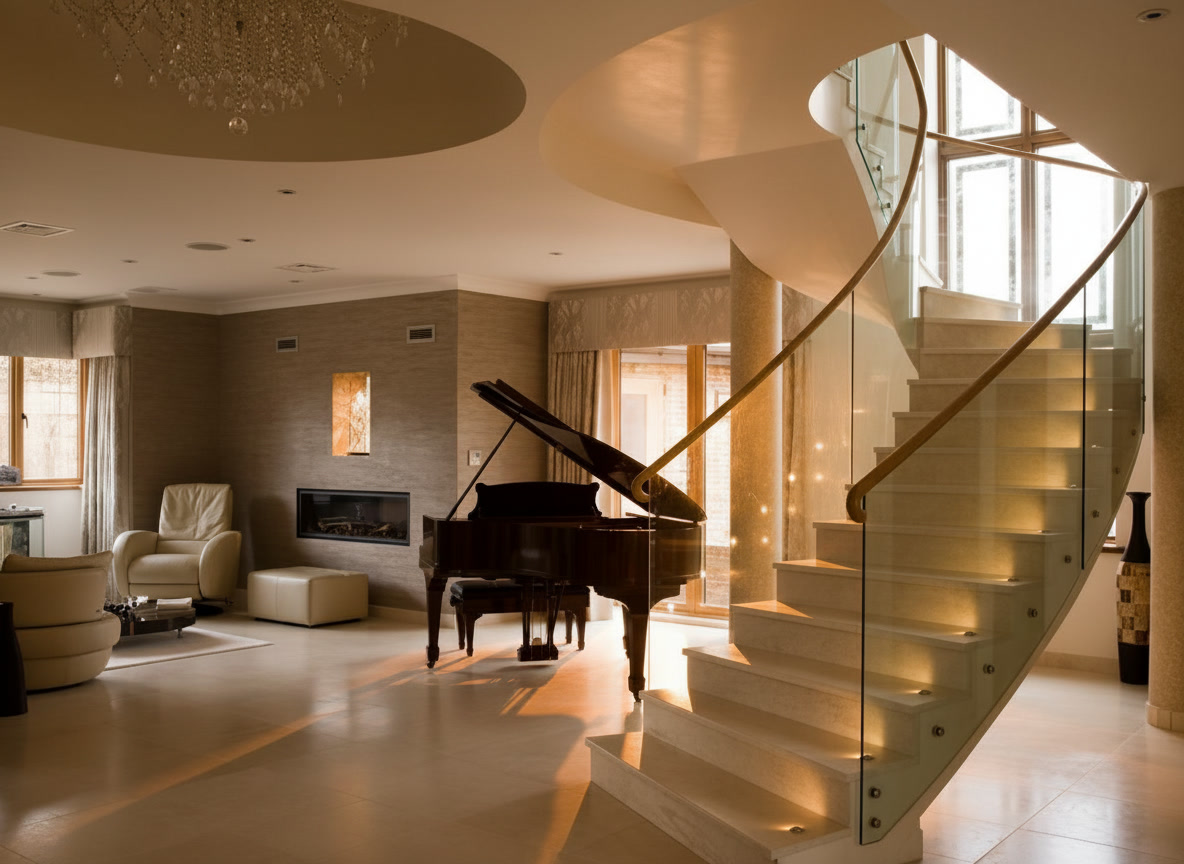 Salone bianco con pianoforte a coda e scala curva in pietra chiara con balaustra in vetro, Michelessi