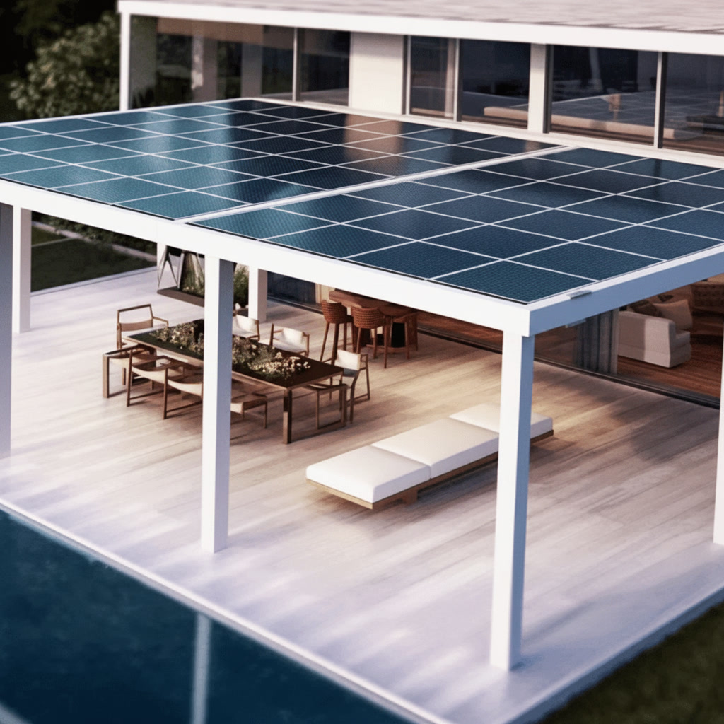 Pergola bianca con copertura di pannelli fotovoltaici sopra zona pranzo esterna vicino alla piscina, Michelessi