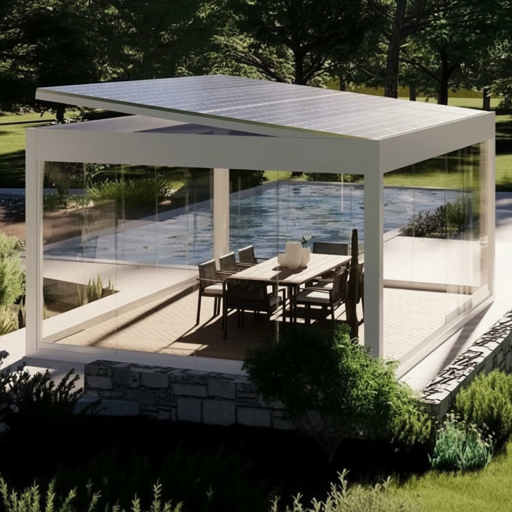 Pergola bianca con tetto fotovoltaico inclinato sopra tavolo da pranzo esterno accanto a piscina e prato, Michelessi