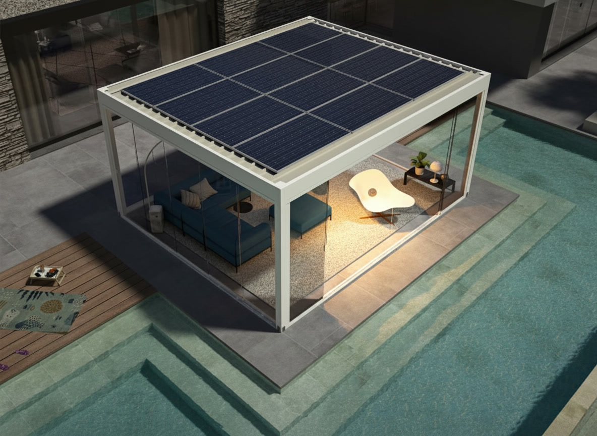 Vista aerea di pergola bianca con dodici pannelli fotovoltaici e salotto blu accanto a piscina con gradoni, Michelessi