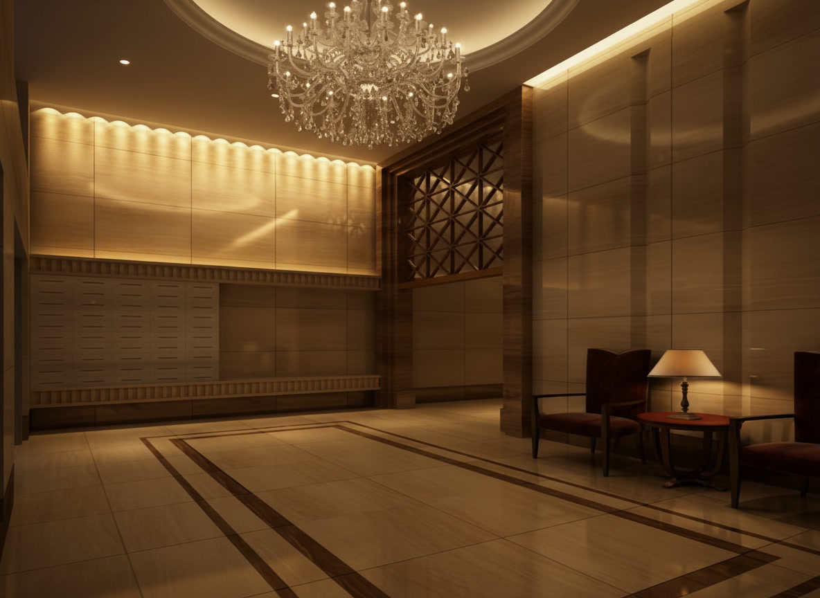 Hall di lusso con pavimento in marmo lucido intarsiato, pareti in pietra beige e lampadario di cristallo, Michelessi