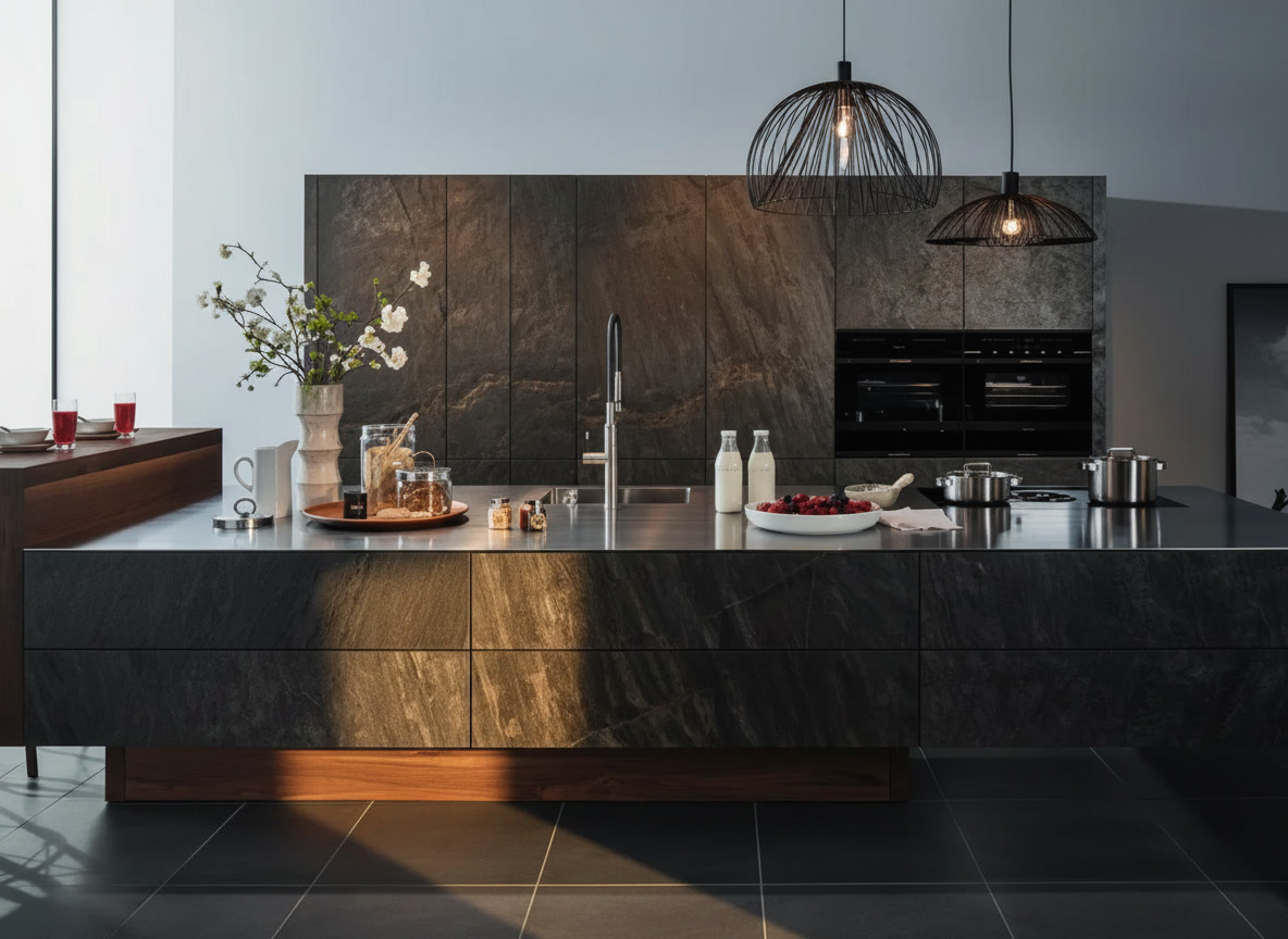 Cucina con ante e schienale in lastre di pietra grigia naturale, piano in acciaio e lampade a sospensione, Michelessi