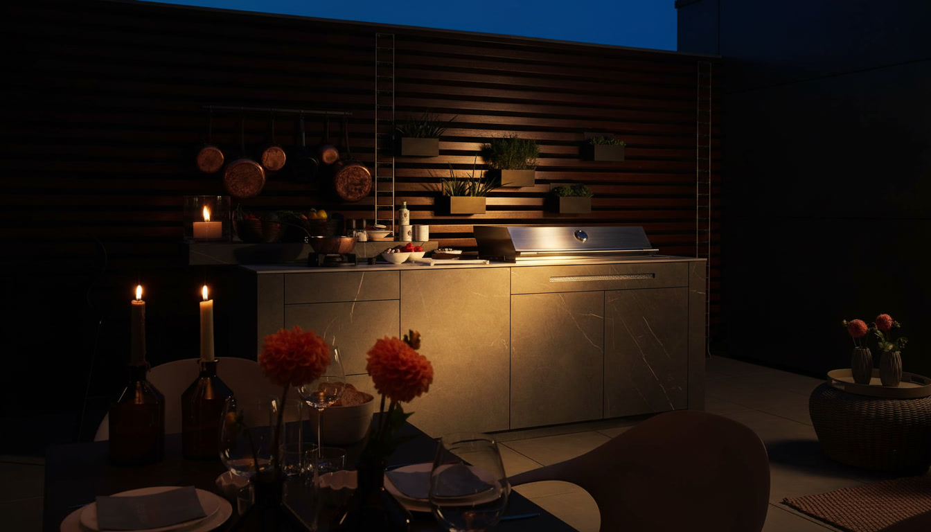 Cucina da esterno in pietra grigia venata su terrazza con parete in doghe di legno, rame e candele accese, Michelessi