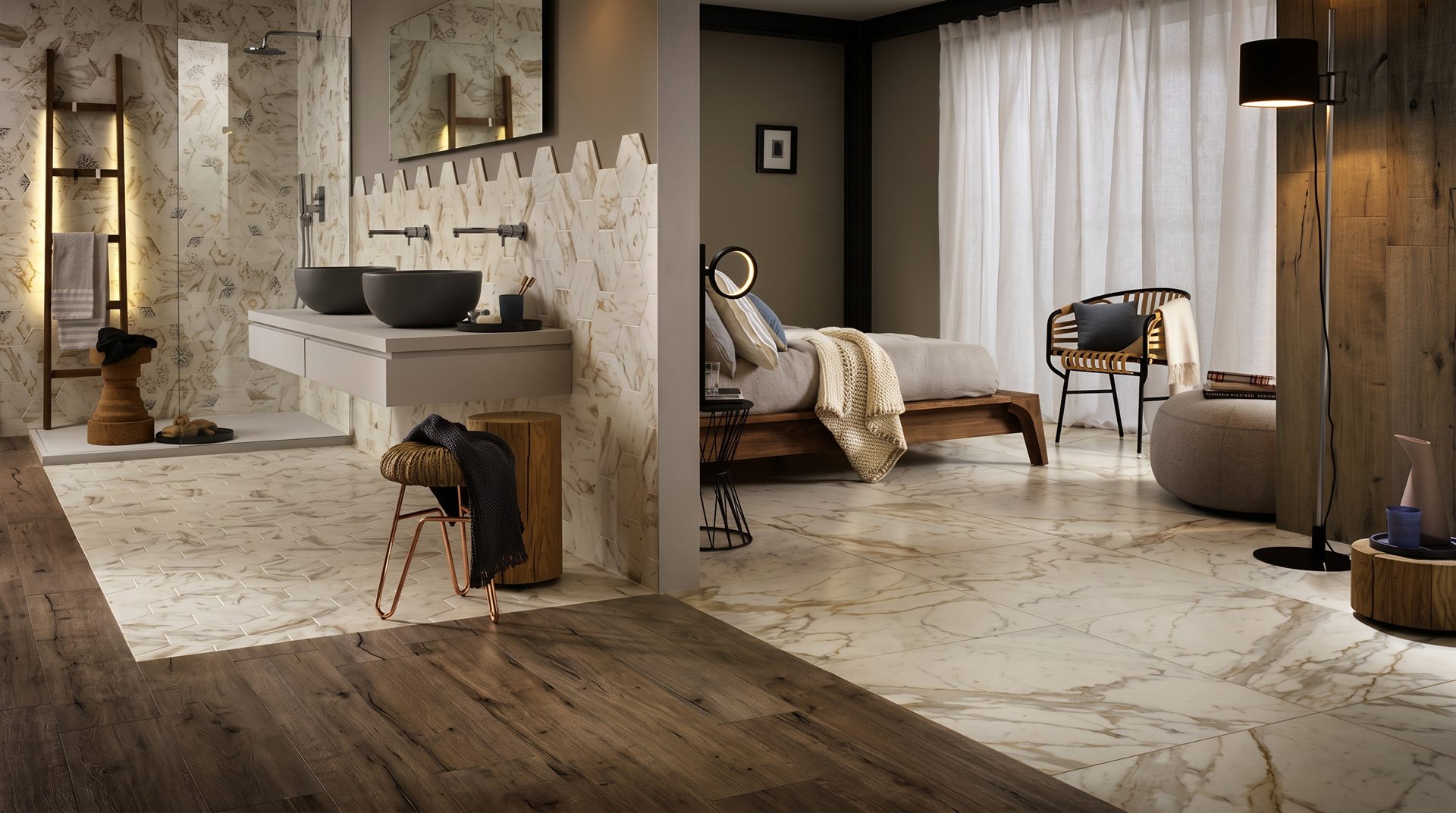 Visione di progetto: camera con bagno, pavimento in marmo chiaro venato oro, mosaico esagonale e legno, interior design Michelessi