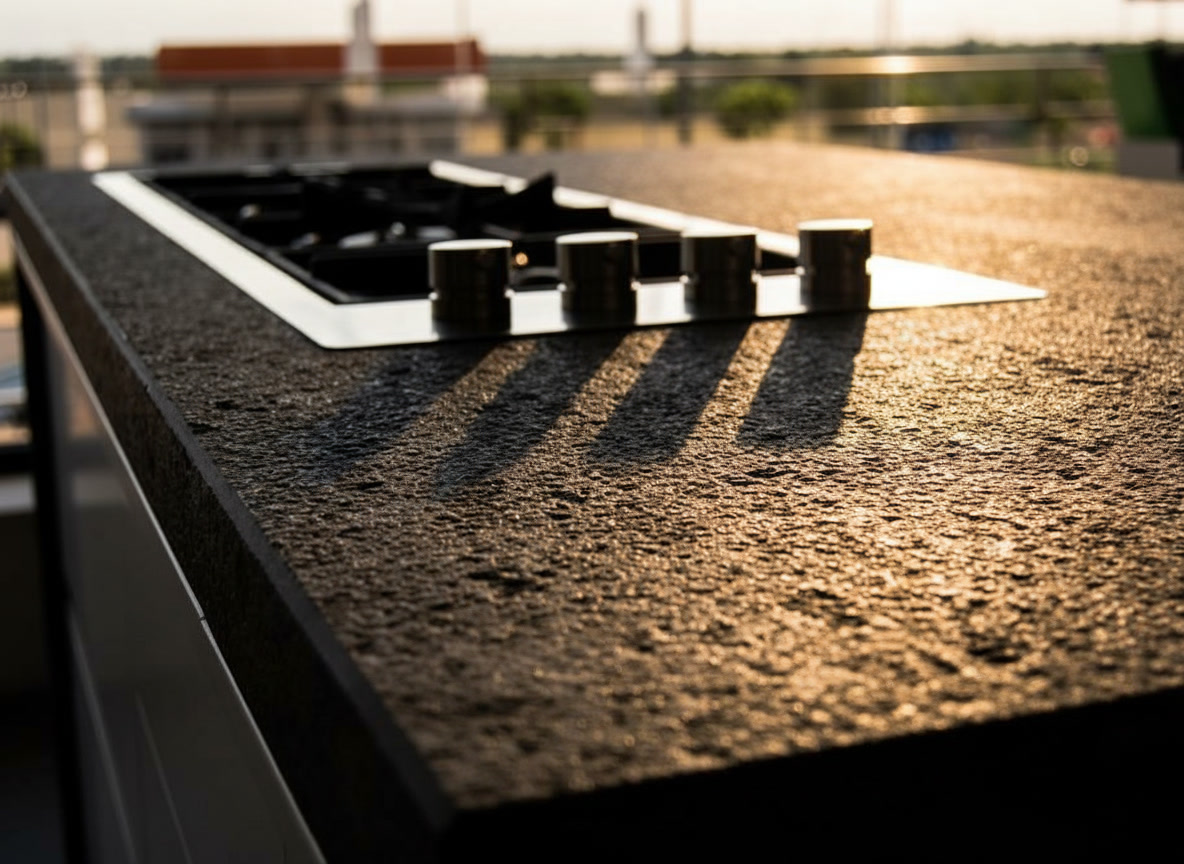 Primo piano di piano cucina in granito nero fiammato con piano cottura a gas e manopole in acciaio, Michelessi