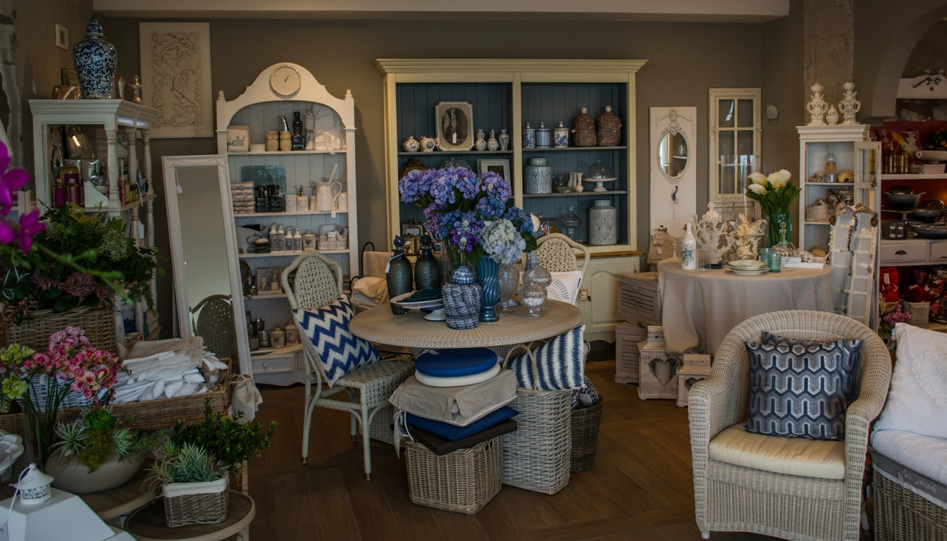 Interno del negozio La Maison di Michelessi con arredi in vimini bianco, ortensie blu e ceramiche decorate