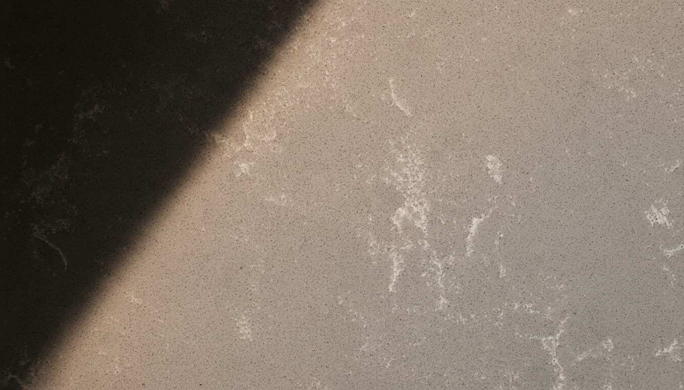 Tundra quartz resin slab: grey ground with white clouding, Michelessi composite for countertops and cladding