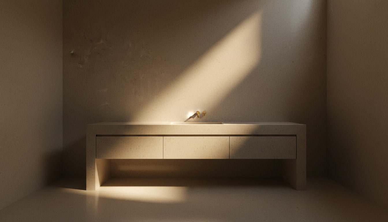 Terra quartz resin, beige with light white veils, Michelessi composite slab for kitchen countertops and cladding