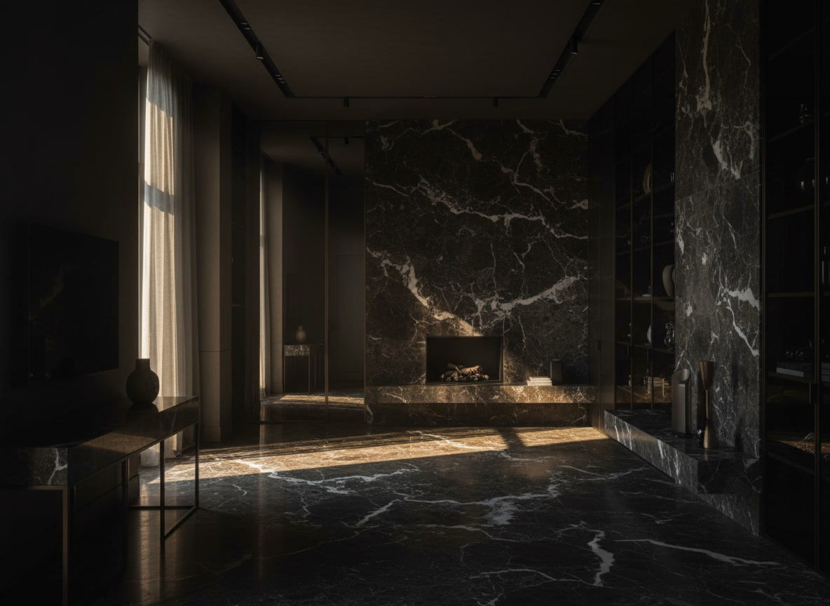 Nero Naron quartz resin, deep black with bright specks, Michelessi composite slab