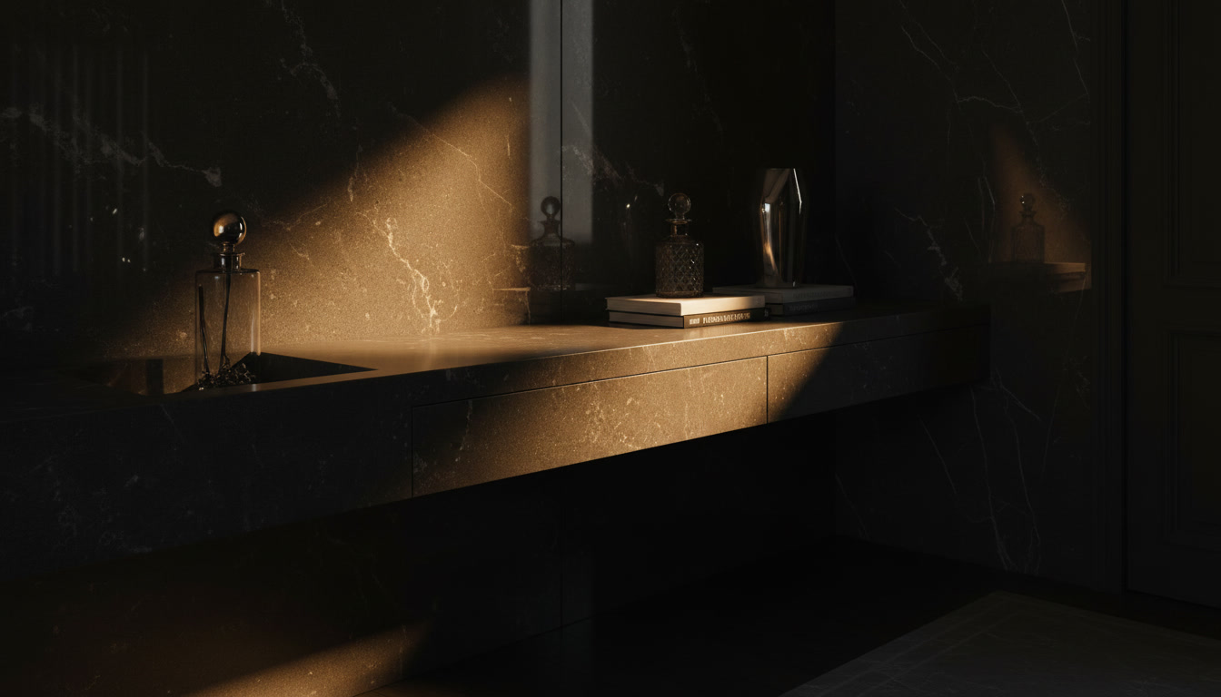 Efes quartz resin, dark brown with pale veiling, Michelessi composite surface for countertops and walls