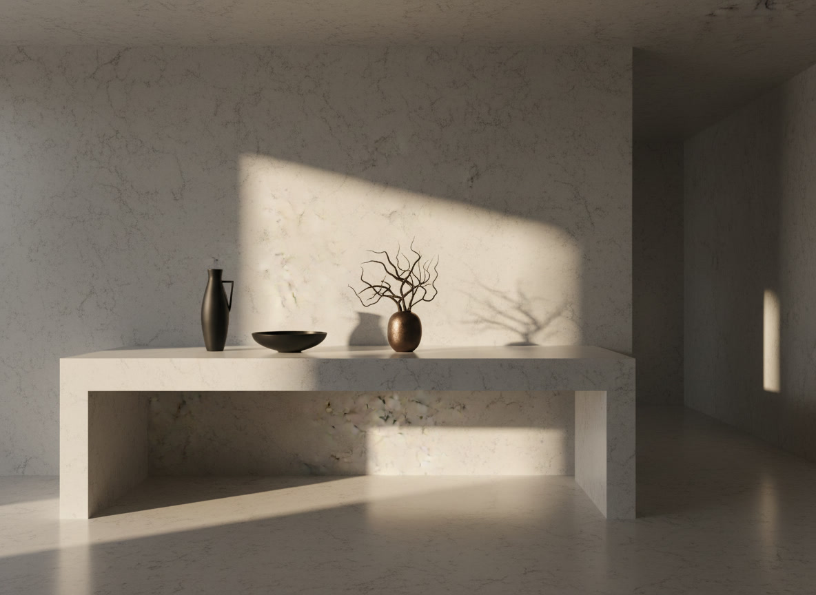 Olympos quartz resin, pearl white with diffuse grey veining, Michelessi composite surface