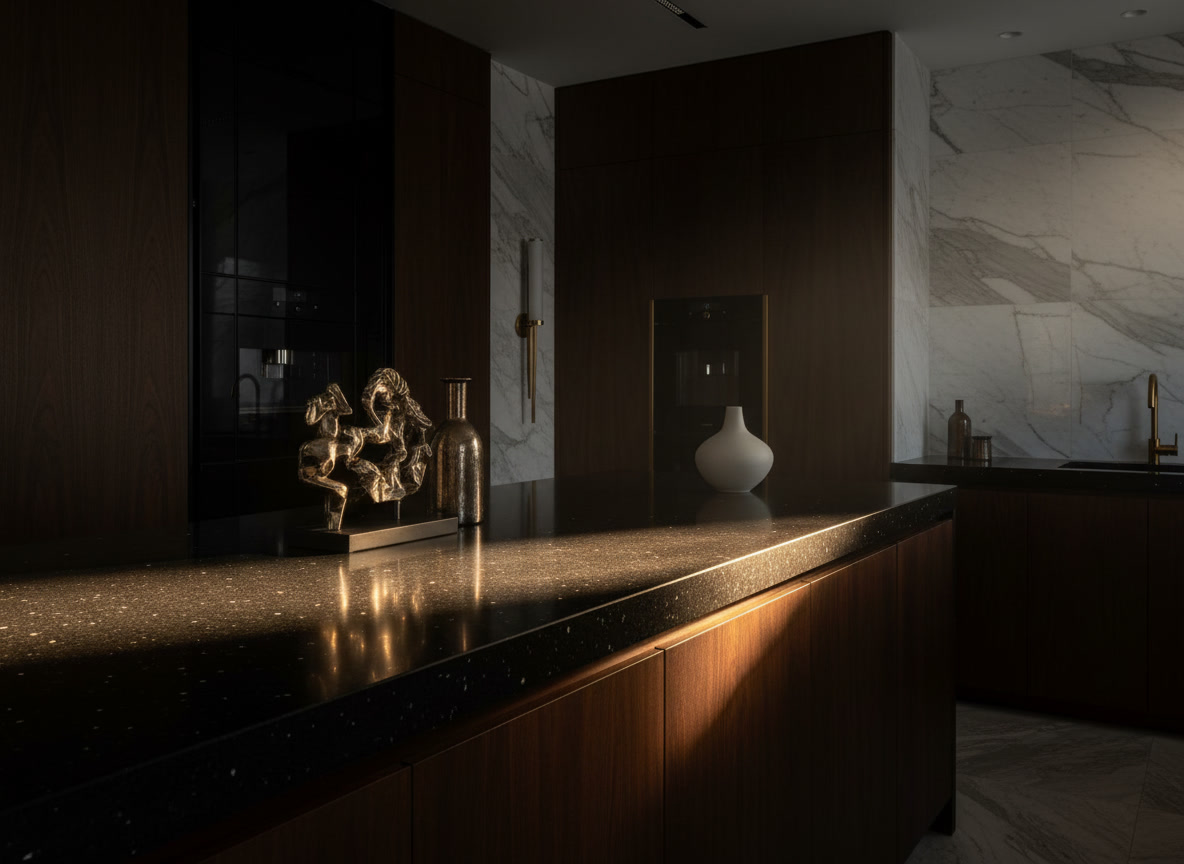 Nero Diamante quartz resin, night black with mirror-like flecks, Michelessi composite slab